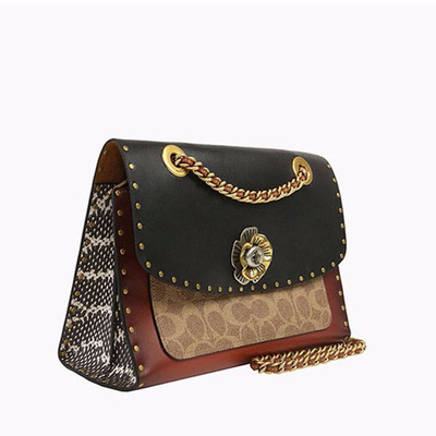 美国coach蔻驰 专柜款 女士 茶玫瑰山茶花 拼接真皮斜挎包 29416